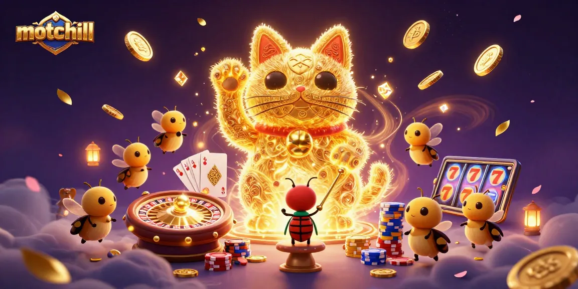 Experience thrilling casino action with motchill's vibrant gaming elements and lucky cat symbol.