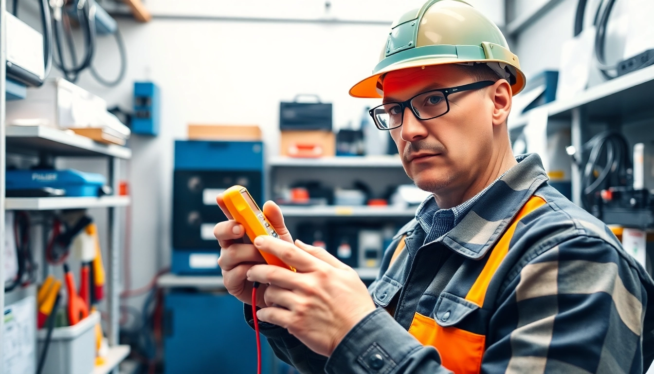 Inspektor bei der Prüfung ortsfester elektrischer Anlagen mit elektrischen Werkzeugen in einem professionellen Arbeitsumfeld.