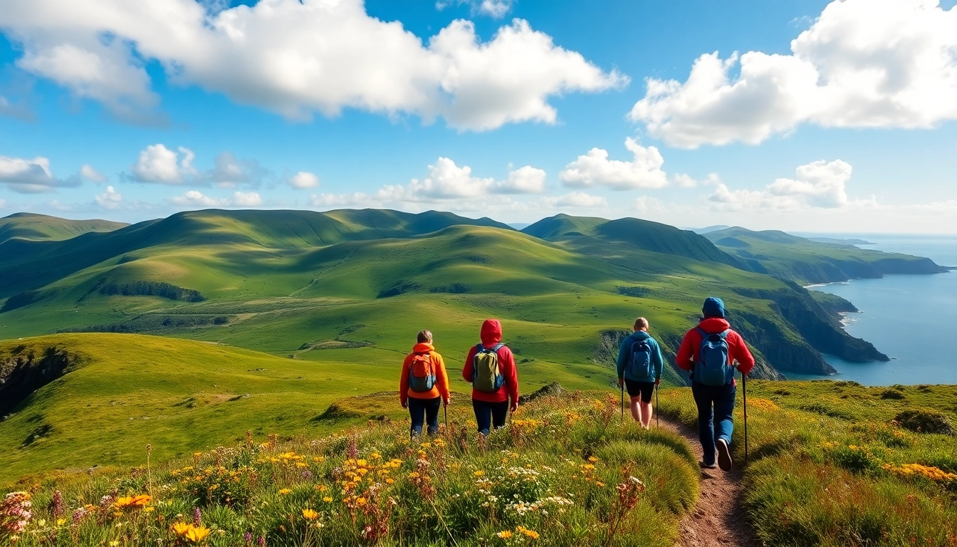 Wanderer genießen das wandern in Irland auf malerischen, grünen Hügeln.