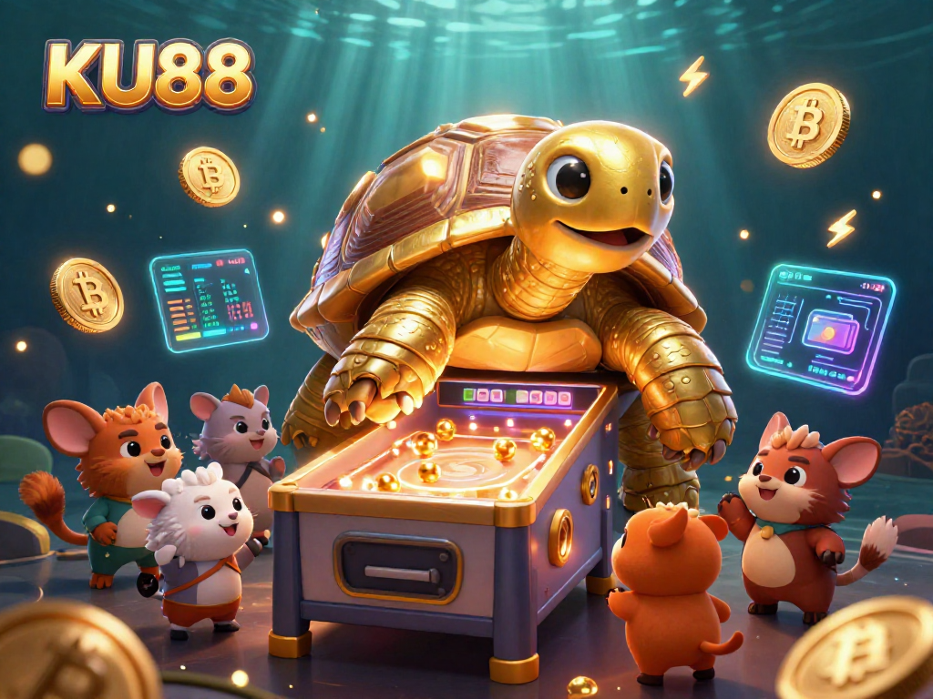 Play exciting casino games at KU88 with golden tortoise and crypto elements in a vibrant scene.