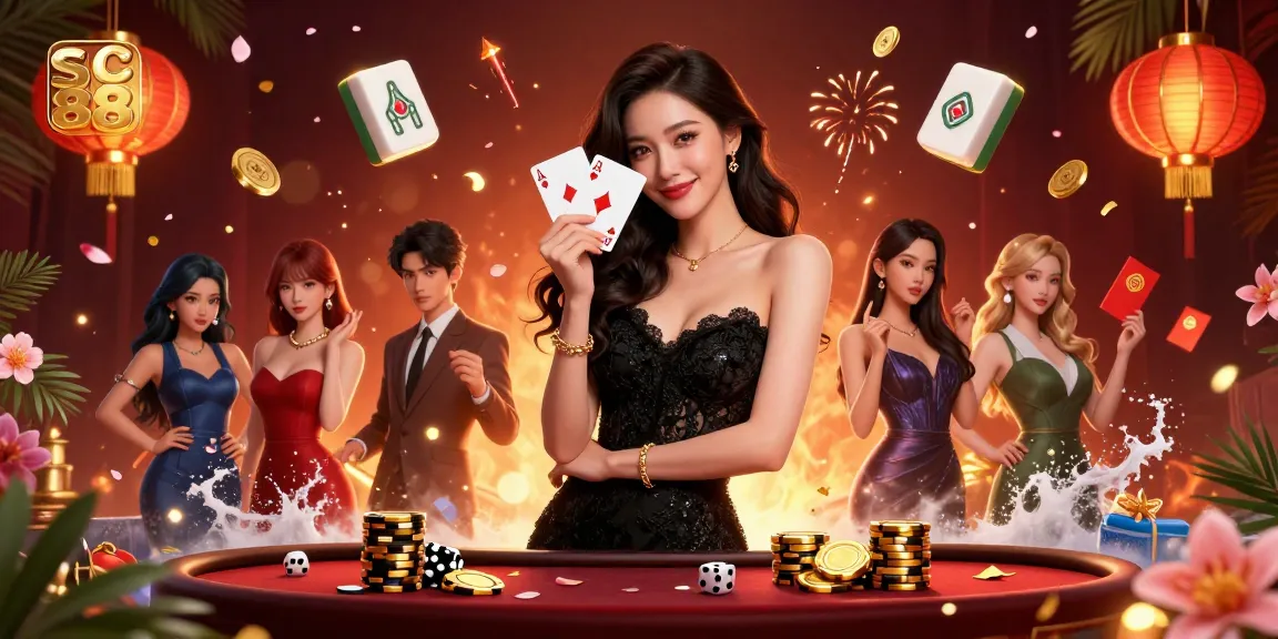Experience the excitement of sc 88 with a stylish casino scene featuring an elegant woman and dynamic gambling elements.