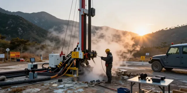 Geothermie Bohrung an einem malerischen Standort mit Technikern und Gerätschaften