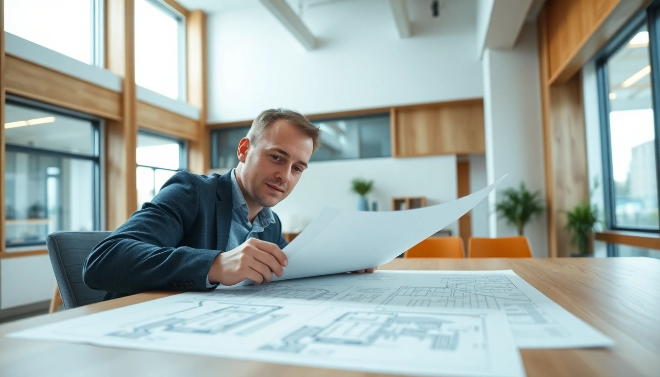 Haus bauen – Architekt analysiert Baupläne in modernem Büro mit detaillierten Entwürfen.