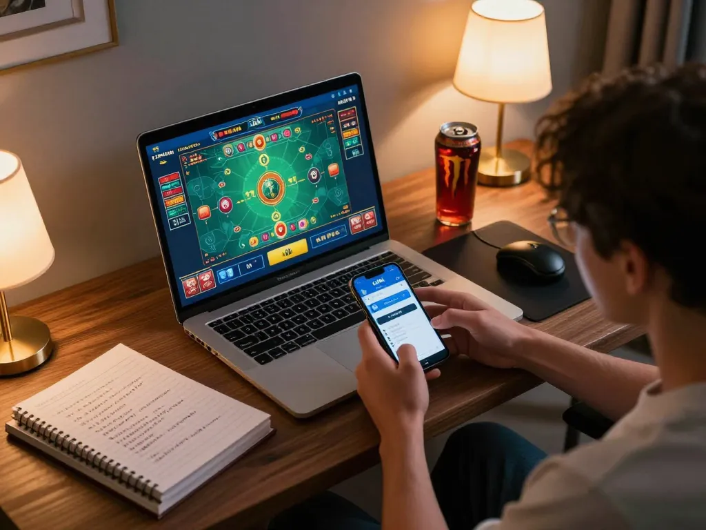 Engaging in online gaming with the LLWIN Function, analyzing strategies while enjoying a cozy home setting.