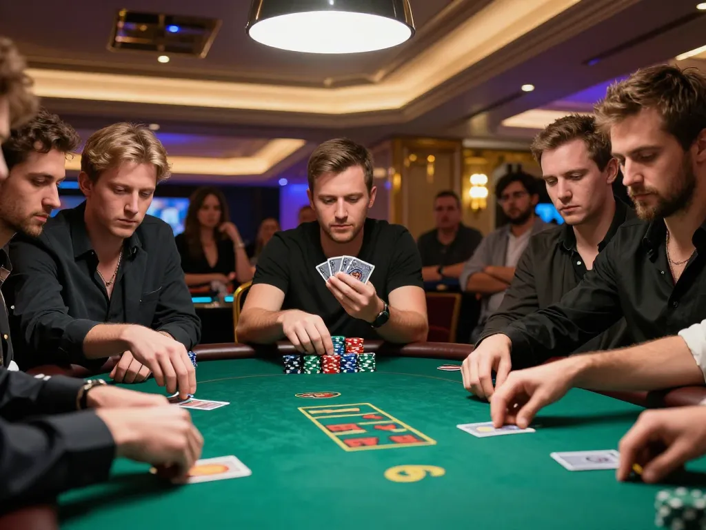 Players strategizing in a high-stakes poker game at fabet casino, showcasing intense gameplay and excitement