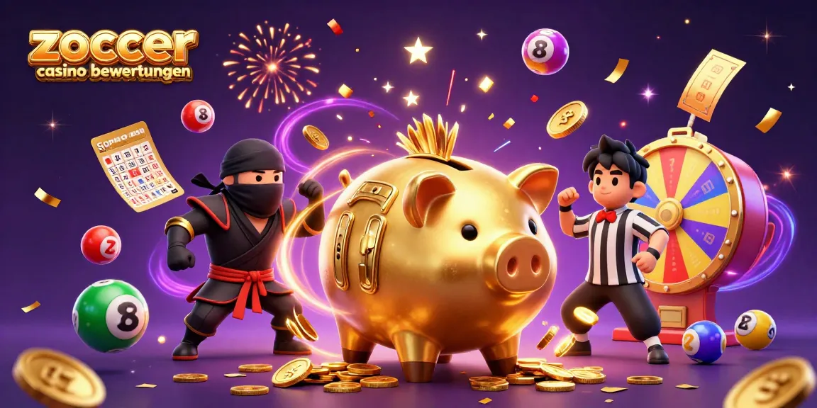 Play thrilling games at Zoccer Casino Bewertungen with vibrant visuals of a golden piggy bank, colorful lottery balls, and excitement.