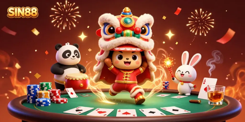Engage with SIN88 gaming action featuring a vibrant illustration of a lion dance with poker elements.