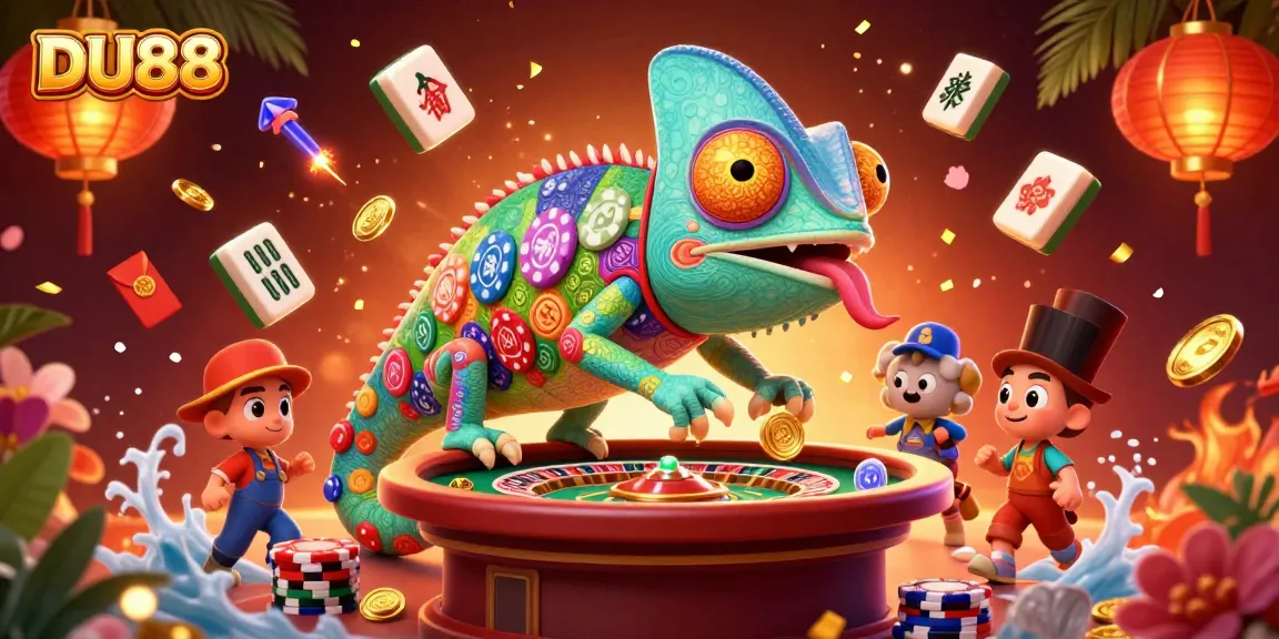 Engage with DU88's vibrant casino atmosphere featuring a colorful chameleon owner catching golden coins.