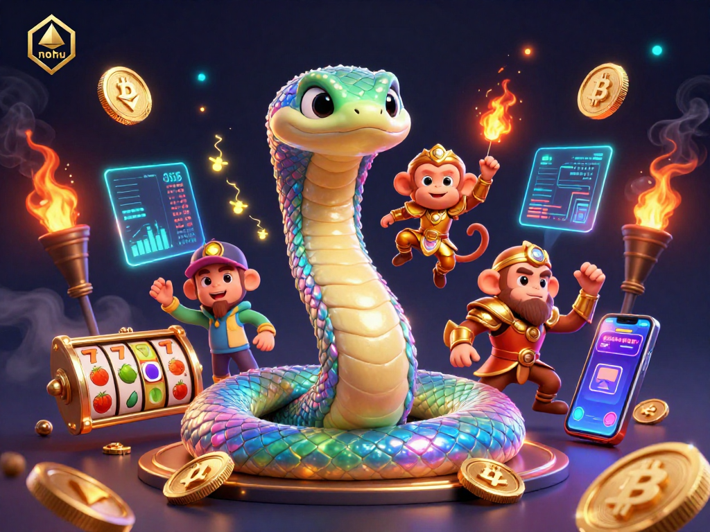 Nohu players spin the reels in a lively 3D casino scene with a colorful rainbow serpent.