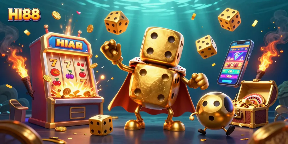 Experience HI88's thrilling jackpot with a dazzling scene of a golden dice golem and casino elements.