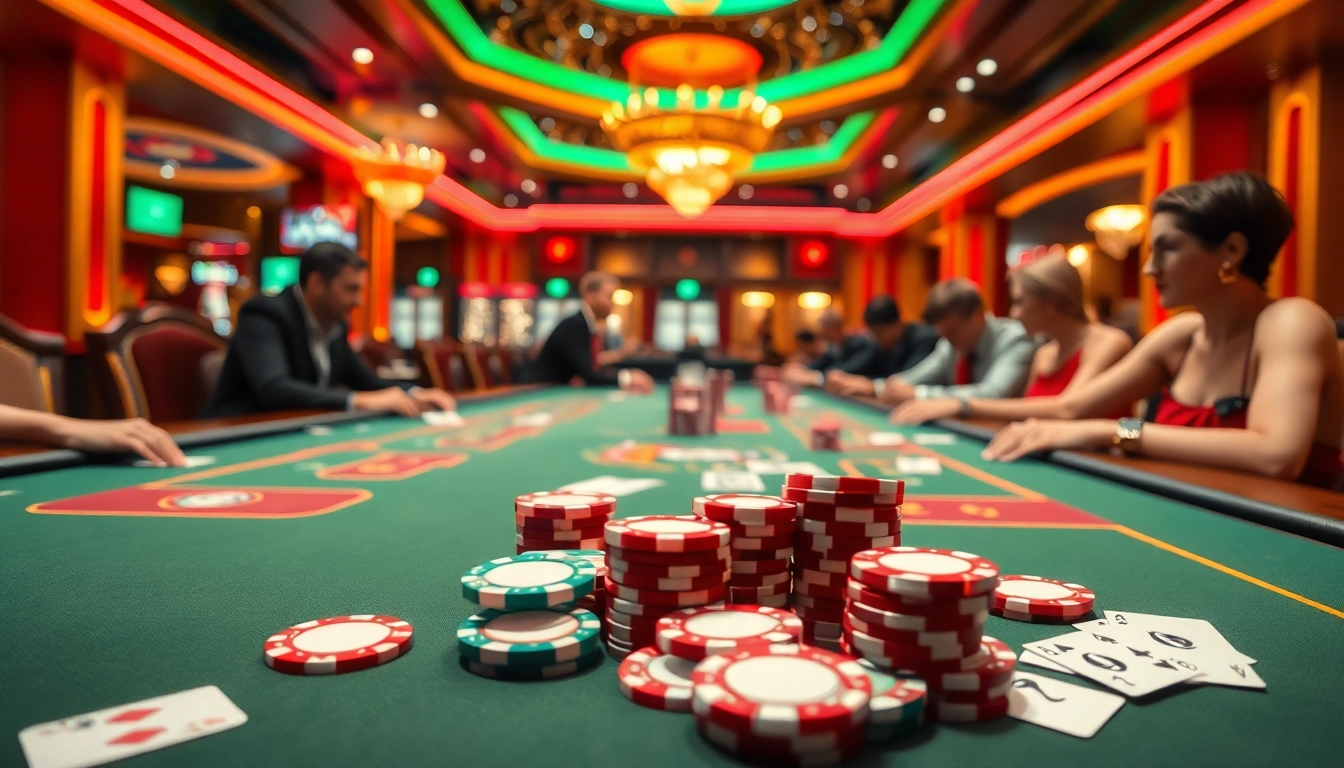 A magyar casino lendületes játékosai és asztalai egy vibráló környezetben.