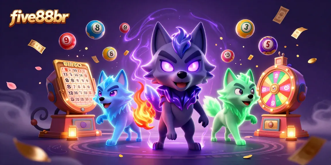 Collect winning numbers with five88br in an exciting lottery scene featuring dynamic elements and ghostly wolves.