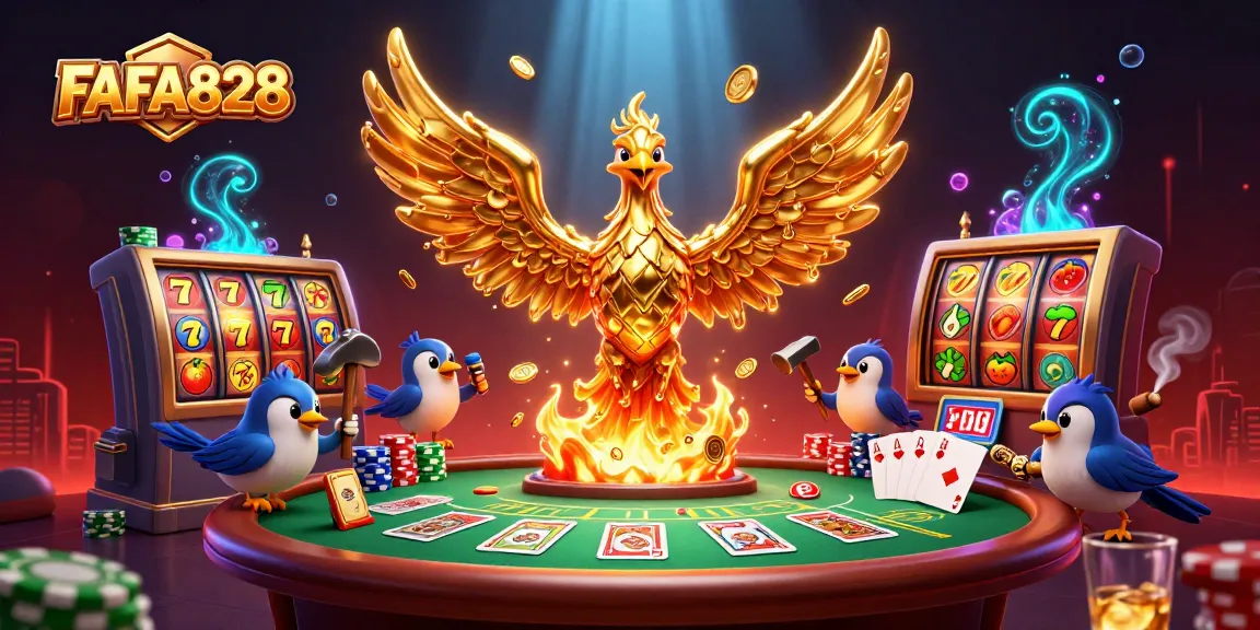 Experience the excitement of FAFA828 with a golden phoenix emerging from a forge amidst vibrant casino elements.