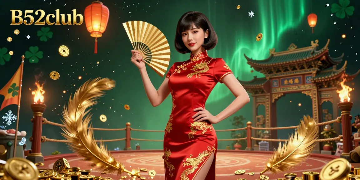 Engage with the vibrant B52club scene showcasing dynamic gold coins and a confident Asian woman in traditional attire.