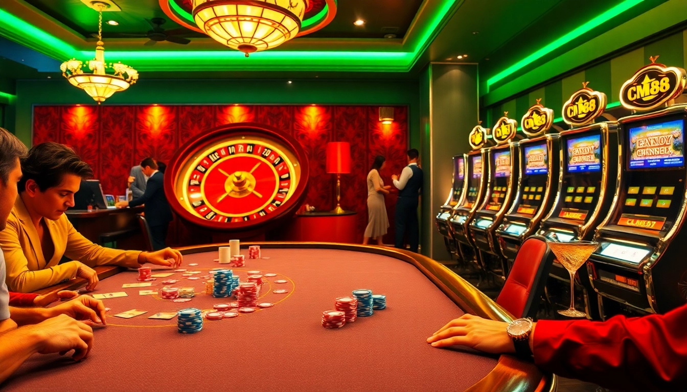 Players immerse in a thrilling casino experience with CM88-themed poker and betting excitement.
