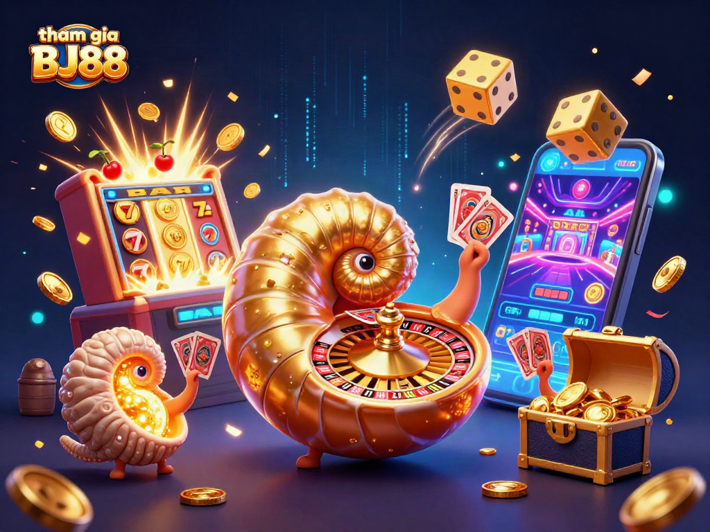 Join the excitement of tham gia BJ88 with a vibrant 3D casino scene featuring a giant nautilus and glowing treasures.