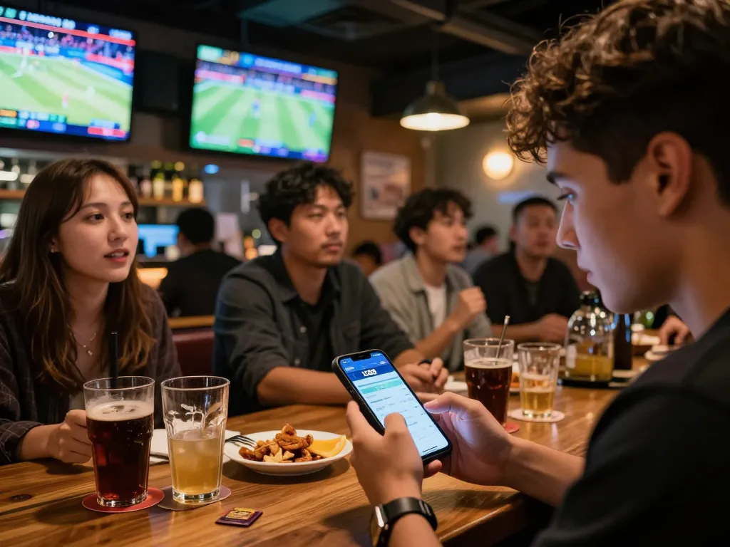 Engaged sports bettor using the XX88 app at a vibrant sports bar during live games.