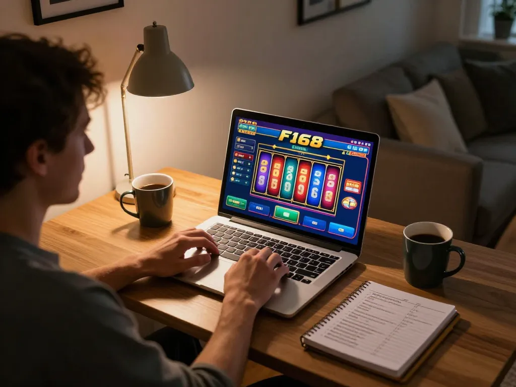 Player enjoying F168 online slots with vibrant game interface and strategic notes beside laptop