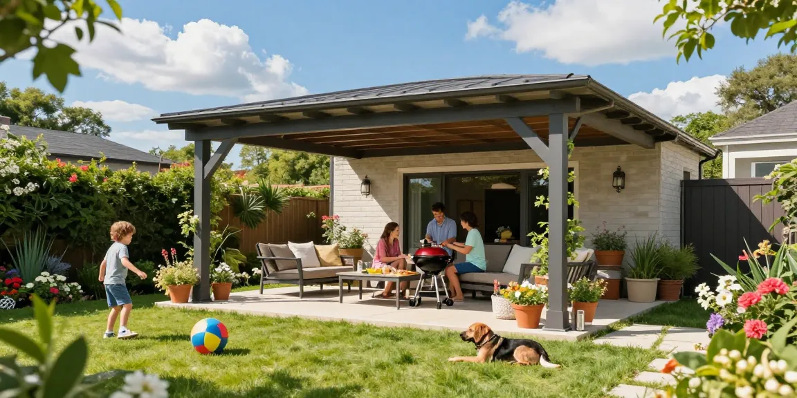 Freistehende Terrassenüberdachung in einem sonnigen Garten mit einer Familie, die ein BBQ genießt.