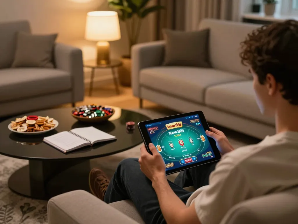 Engaging online gaming scene featuring a player on New88 com enjoying a poker game on a tablet