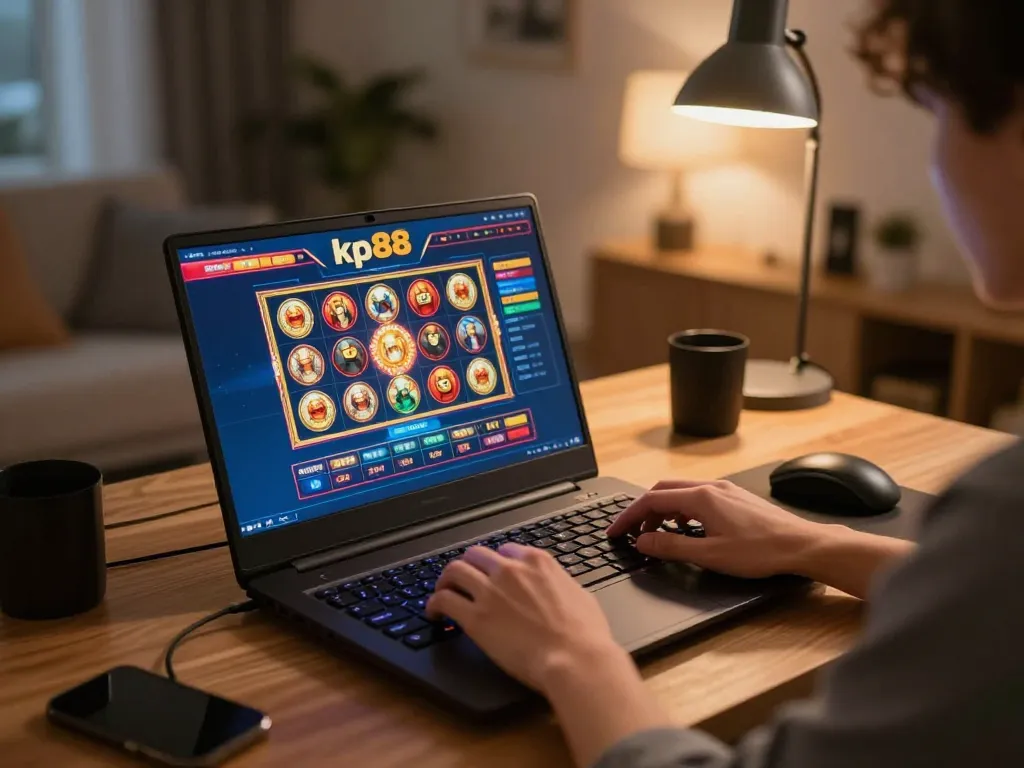 Engaging in kp88 online gaming with vibrant slot game graphics on a laptop.