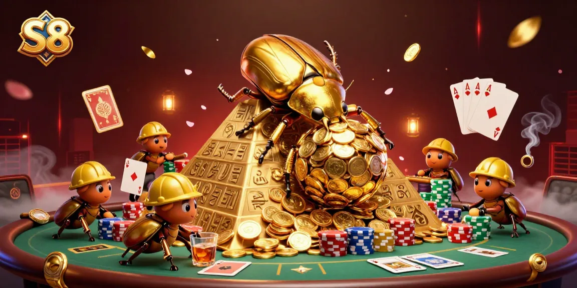 Experience thrilling gambling adventures at S8 with a massive golden dung beetle and vibrant casino elements.
