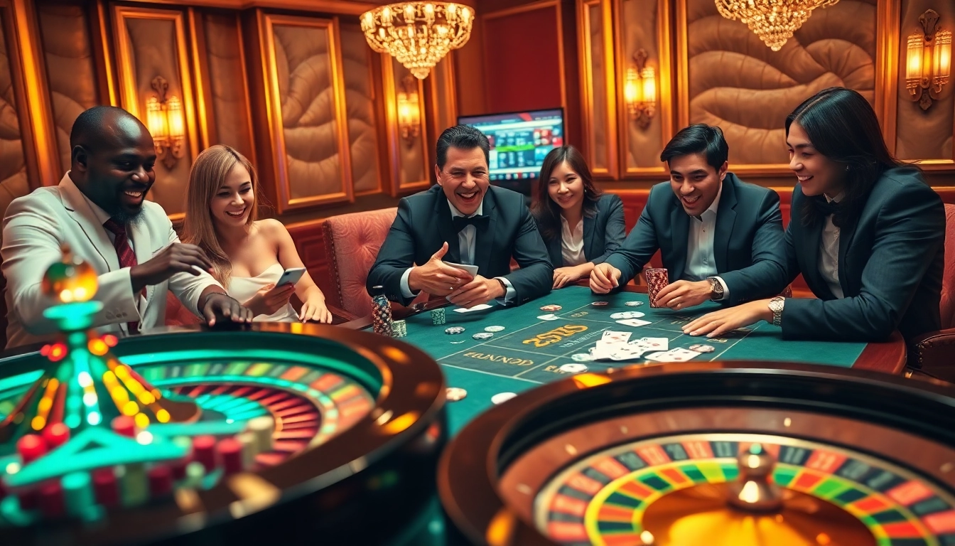 Experience the excitement of gambling with players at the 777X casino table, showcasing cards and vibrant roulette.