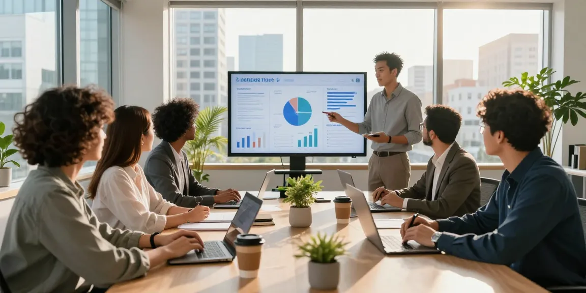 Arbeitskultur bewerten durch Zusammenarbeit in modernem Büro mit Teamdiskussionen und Präsentationen.
