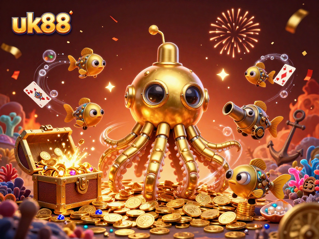 Experience the excitement of uk88 with a golden kraken submarine exploring a treasure-filled casino underwater scene.