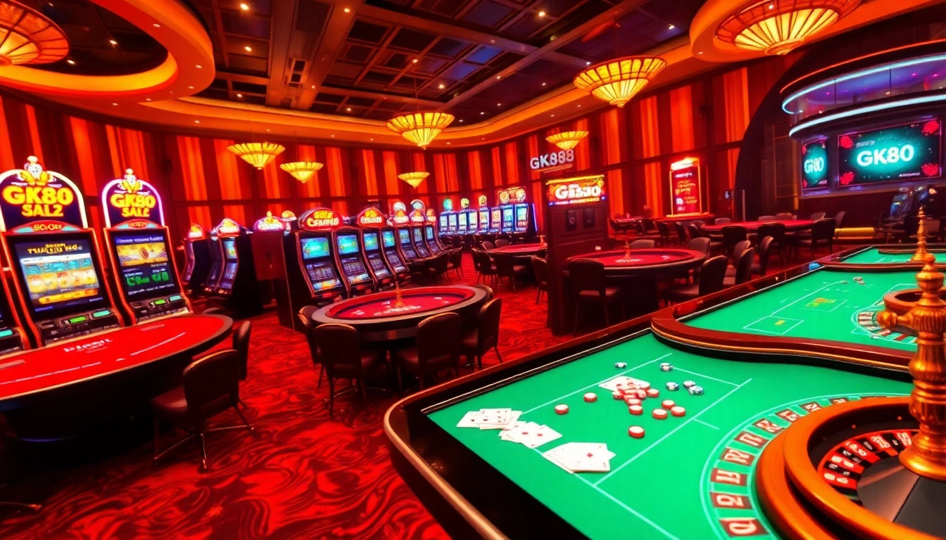 Experience thrilling gaming adventures at GK88 with dynamic casino tables and vibrant slot machines.
