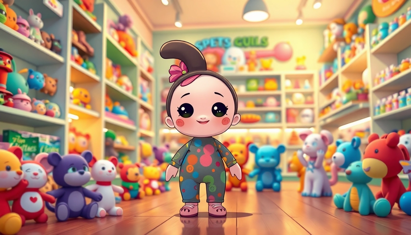 Interaktive Gutdolls-Modele in einem bunten Spielwarenladen.