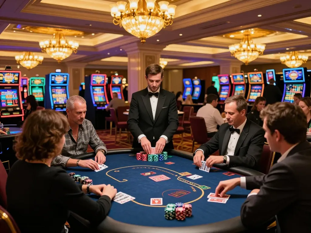 Experience thrilling poker gameplay at 98win9.co.com with players and dealer in a vibrant casino scene.