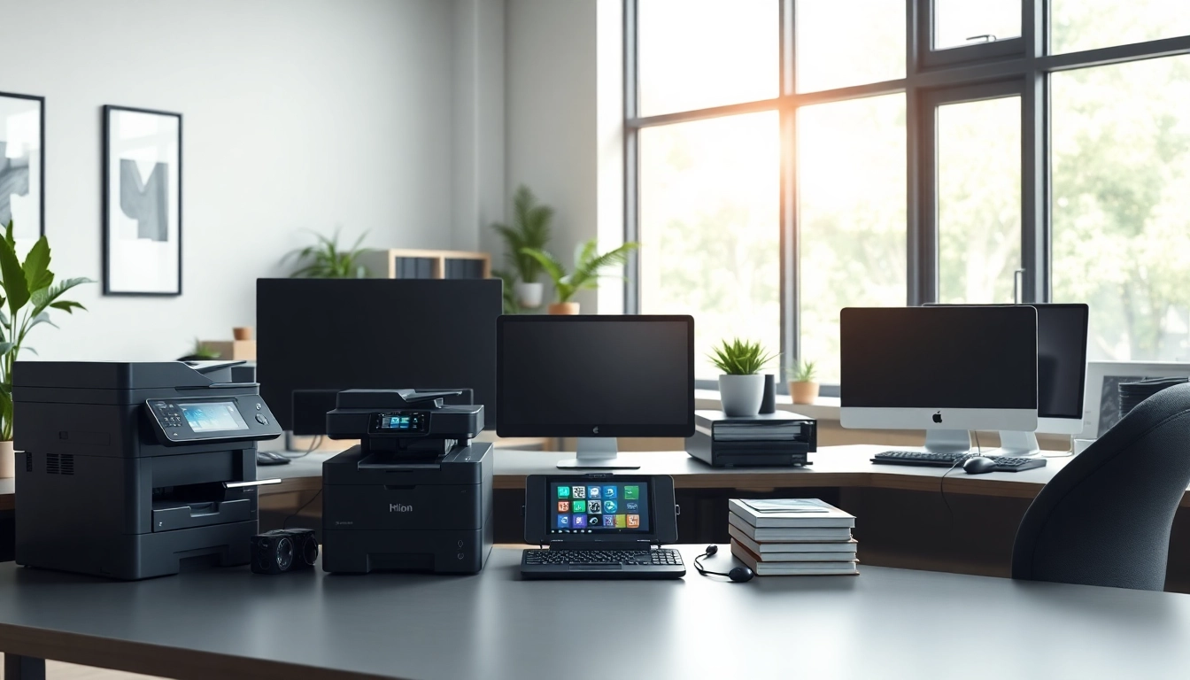 Optimale Bürotechnologie in Magdeburg mit modernen Geräten am stilvollen Arbeitsplatz.