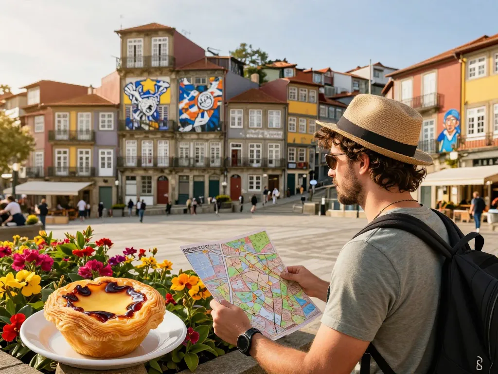 Reisetipps Porto: Reisender genießt lebendige Straßen mit lokalen Gebäckstücken in der sonnigen Stadt Porto, Portugal.