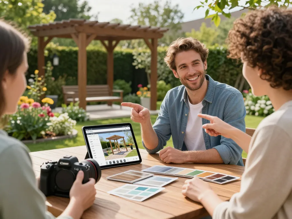 Realistische Außenansicht eines Designers, der einen Pergola Konfigurator 3D verwendet, um individuelle Pergola-Optionen in einer Gartenumgebung zu visualisieren.