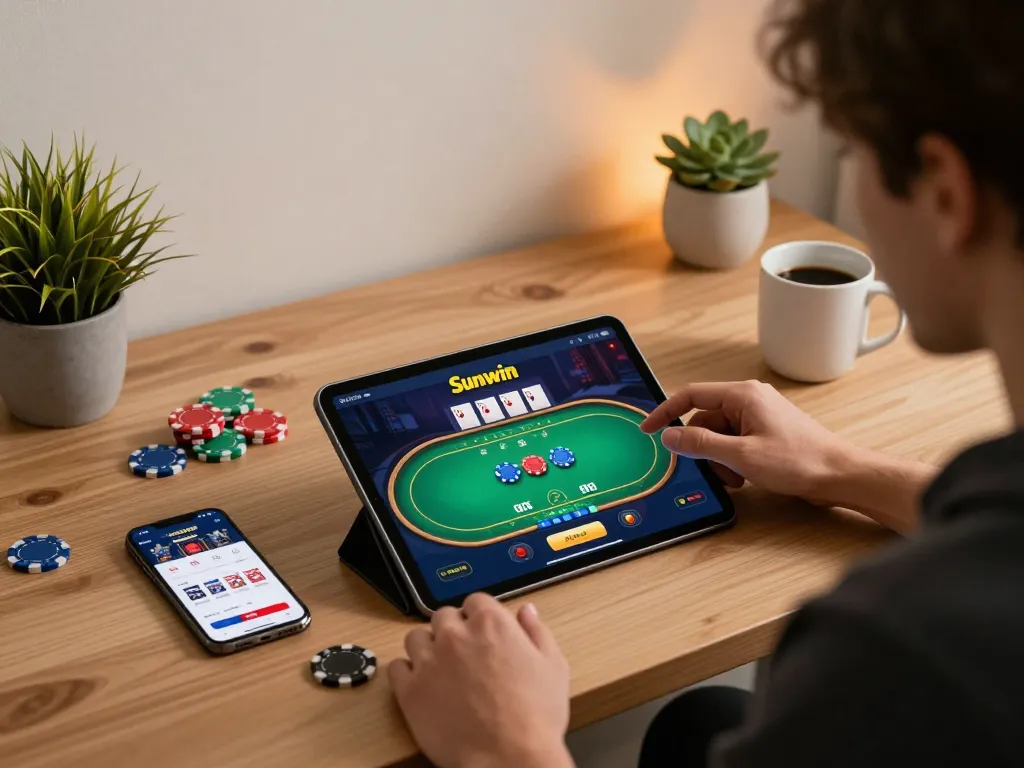 Engaging with the Sunwin app on a tablet, showcasing an exciting online gambling experience.