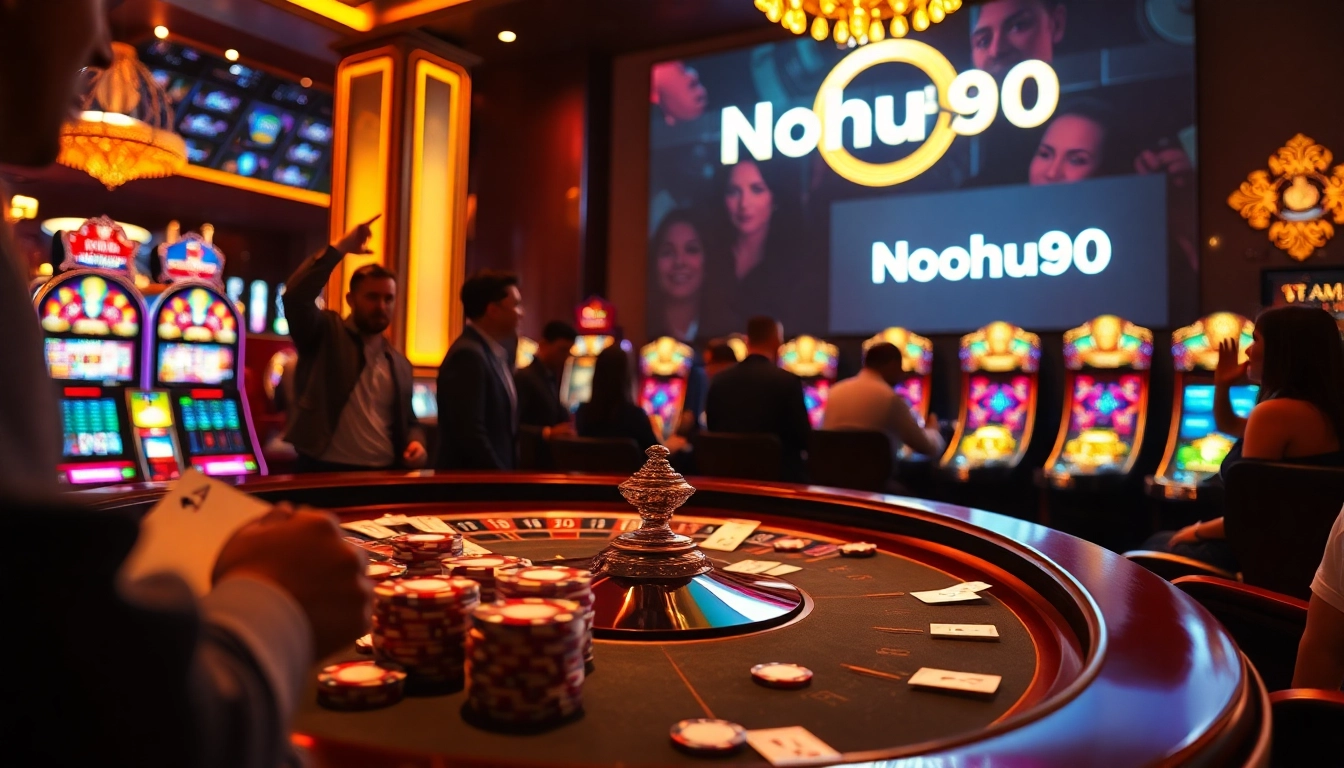 Nohu90 players winning at a luxurious casino table with poker chips and cards.