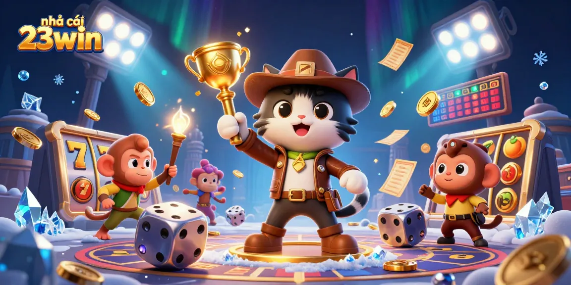 Engaging scene of nhà cái 23win showcasing exciting gaming elements like slot reels and golden casino artifacts.