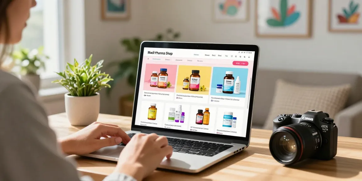 Kunde erkundet Gesundheitsprodukte im ansprechenden Online-Shop von Medi Pharma.