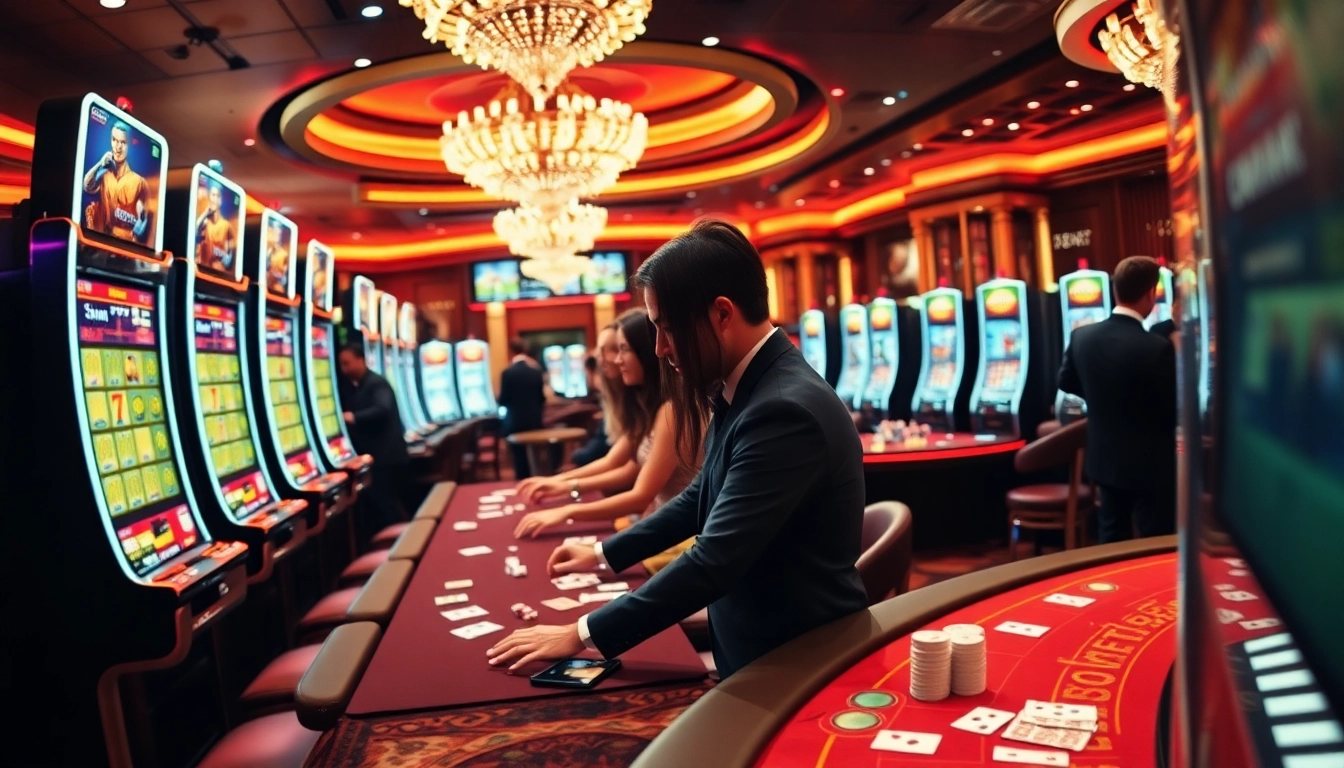 SLOT365 slot machines in a luxurious casino setting, featuring players enjoying the excitement.