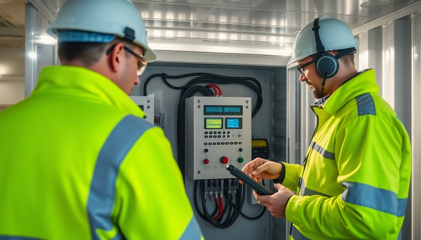 Techniker führt eine DGUV V3 Prüfung von elektrischen Geräten in einem modernen Prüfcontainer durch.