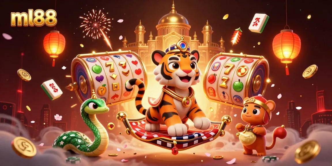 Experience gameplay with ml88 featuring a tiger sultan, golden palace, and vibrant casino elements.
