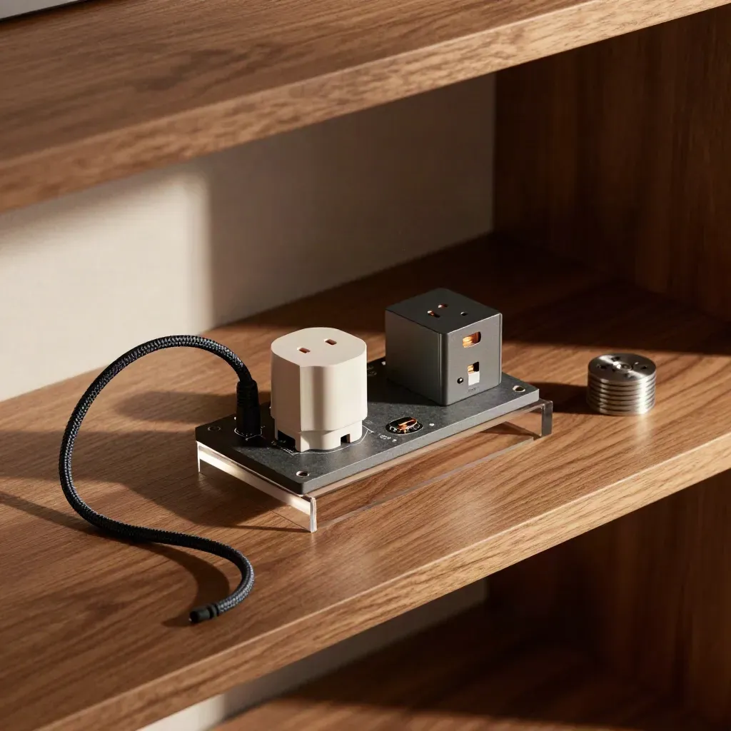 Relaismodul, Smart Plug und Patchkabel auf warmem Holzregal mit sanftem Lichteinfall