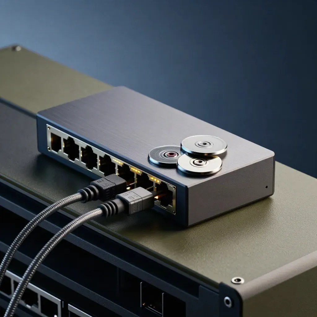 Netzwerk-Switch, Backup-Laufwerk und Zugriffs-Tokens im blauen Dunst