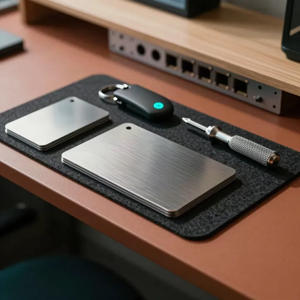 IT-Beratung mit Metallkarten, Router, Schlüsselanhänger und Schraubendreher auf dunklem Filz.