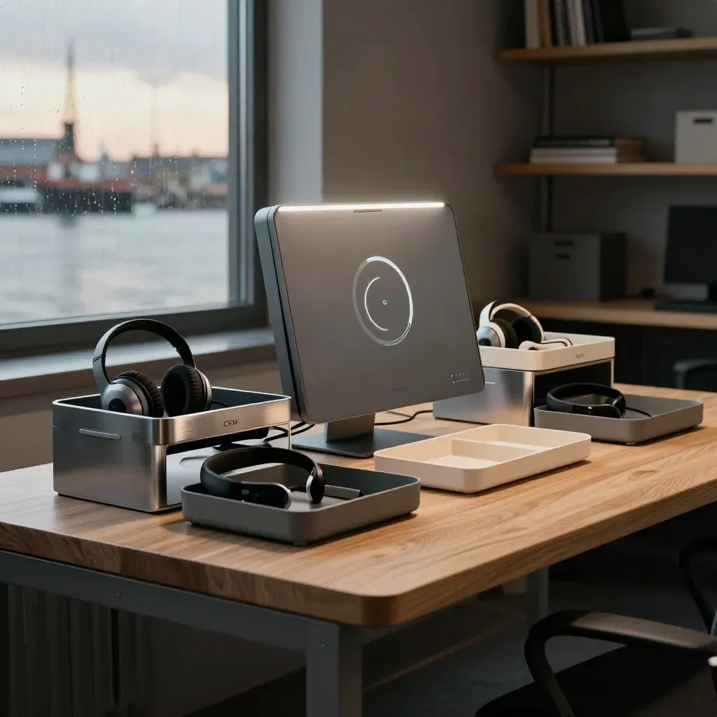 Hamburger Vertriebs-Workspace mit Dockstationen, Headsets und Status-Hub im Hafenlicht
