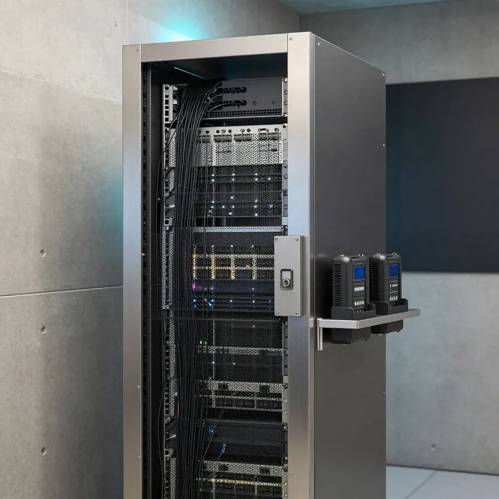 Server-Rack in einem Münchner Technikraum mit Ladehalterungen und geordneter Verkabelung