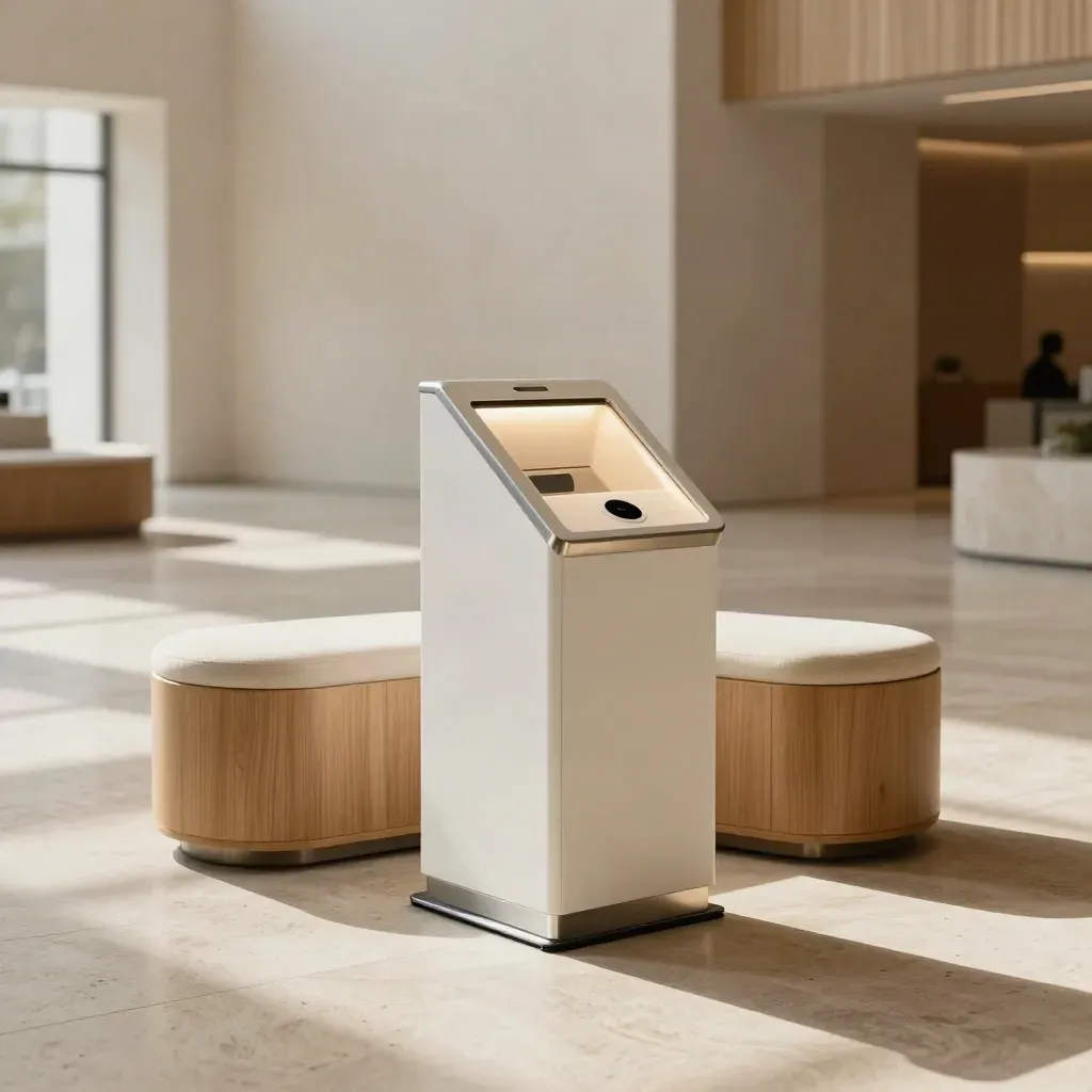 Heller Servicebereich mit weißem Self-Service-Kiosk, Rundbank und offenem Laufweg in Frankfurt.