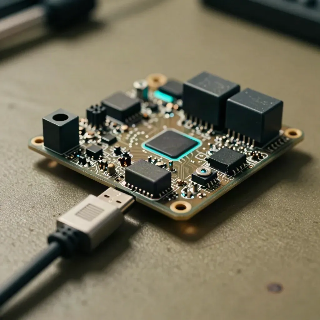 Makro von Mikrocontroller, Relaismodul und USB-C-Kabel auf khakifarbenem Werkbench.