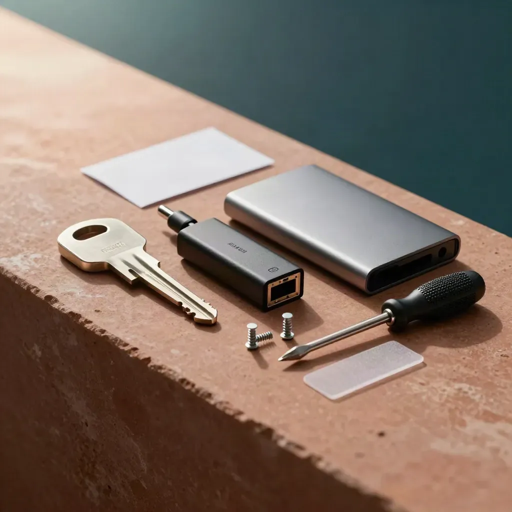 IT-Tools wie Hardware-Key, Dongle, Backup-Drive und Schraubendreher-Set auf Terrakotta-Stein.